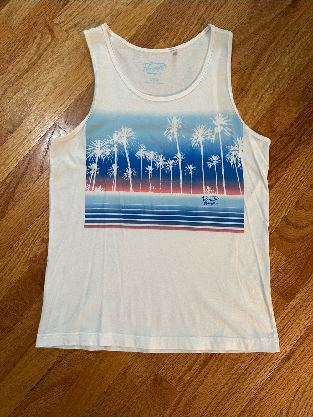 Original Penguin Men’s White Tank with Blue and Coral Palm Graphic